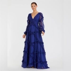 Mac Duggal Blue Cascade Ruffle Puff Sleeve A Line Gown Size 10 Style #A68223